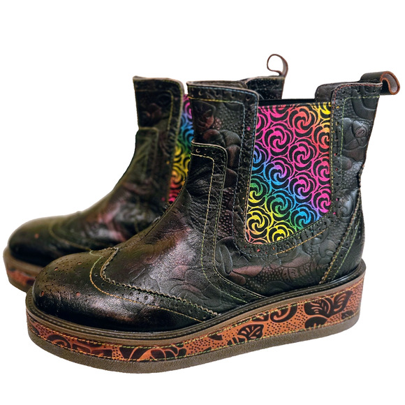 SOFFIA Genuine Leather Bronze Rose Embossed Flat Chelsea Boots Size 37/6.5 to 7 - Picture 1 of 14